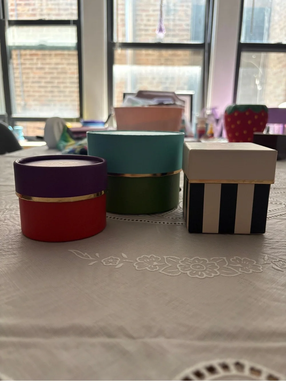 kate spade turquoise, purple, cream, brown box and pouch set
